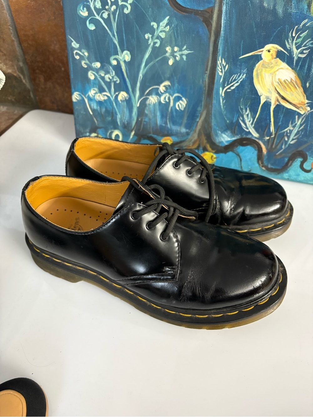 Dr. Martens Black Leather 3-Eye Derby Shoes with Yellow Stitching